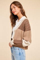 Beige Patchwork Color Block Cable Cardigan