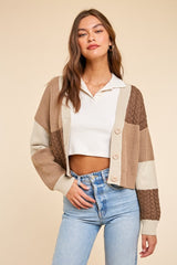 Beige Patchwork Color Block Cable Cardigan