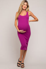 Magenta Fitted Knit Maternity Midi Dress