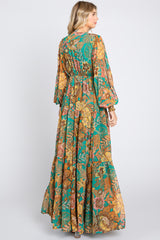 Emerald Floral Deep V-Neck Long Sleeve Maxi Dress