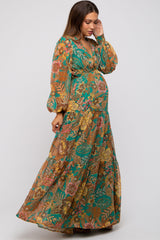 Emerald Floral Deep V-Neck Long Sleeve Maternity Maxi Dress