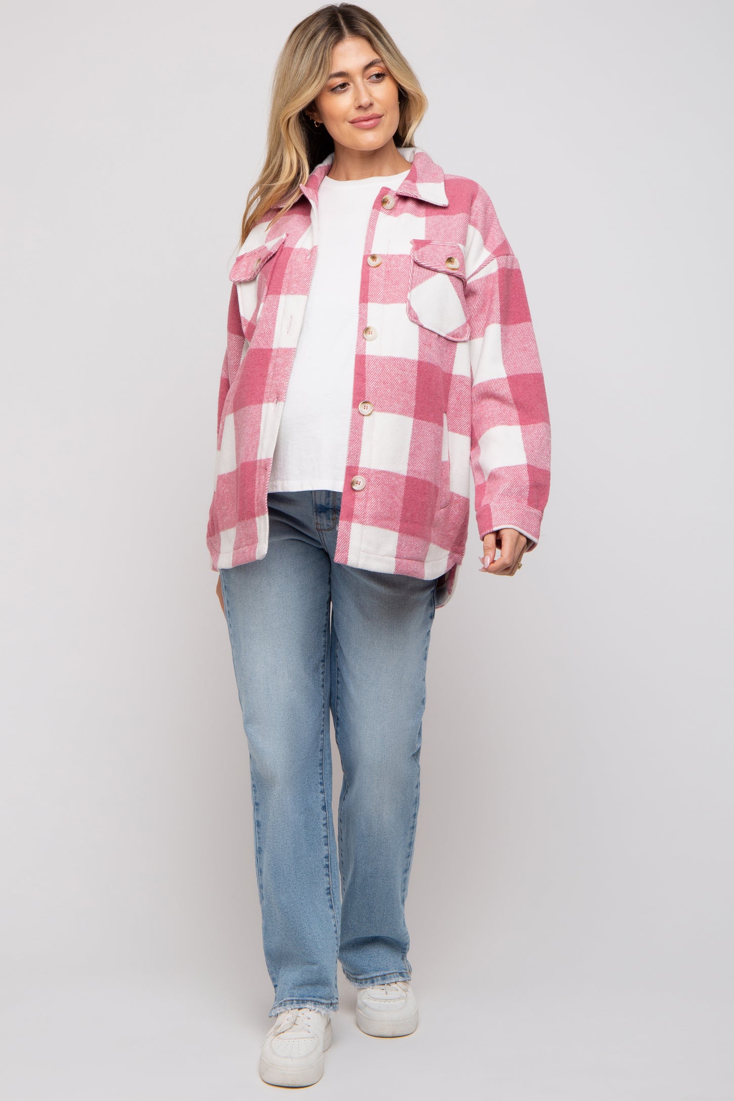 Pink Plaid Brushed Long Maternity Shacket