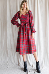 Red Plaid Smocked A-Line Midi Dress