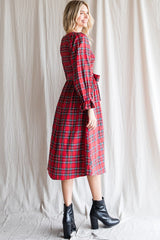 Red Plaid Smocked A-Line Midi Dress