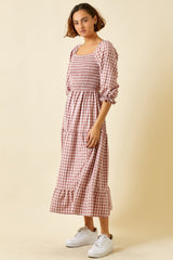 Dusty Rose Smocked Bodice Gingham Maxi Dress