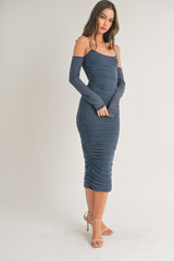 Navy Mesh Ruched Long Sleeve Midi Dress