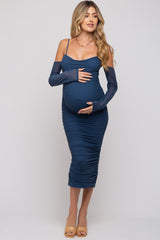 Navy Mesh Ruched Long Sleeve Maternity Midi Dress