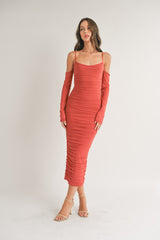 Rust Mesh Ruched Long Sleeve Maternity Midi Dress