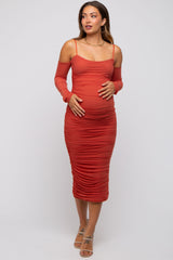 Rust Mesh Ruched Long Sleeve Maternity Midi Dress