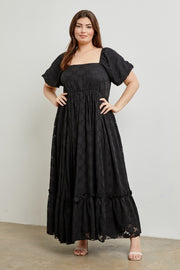 Black Floral Chiffon Smocked Square Neck Plus Maxi Dress