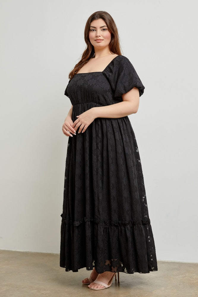 Black Floral Chiffon Smocked Square Neck Plus Maxi Dress