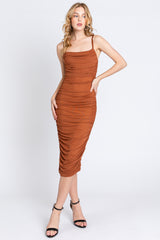 Rust Ruched Mesh Square Neck Midi Dress