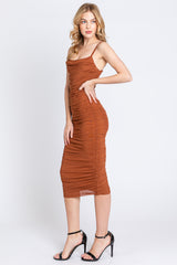 Rust Ruched Mesh Square Neck Midi Dress