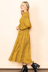 Mustard Printed Boho Midi Dress