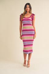 Magenta Striped Sweater Knit Shoulder Tie Maternity Midi Dress