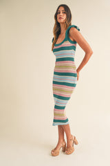 Teal Striped Sweater Knit Shoulder Tie Midi Dress
