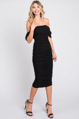 Black Ruched Off Shoulder Maternity Dress