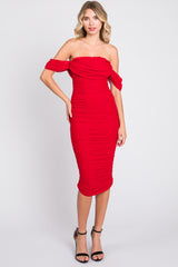 Red Ruched Off Shoulder Maternity Dress