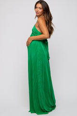 Green Plisse Halter Back Tie Maternity Maxi Dress