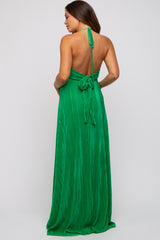 Green Plisse Halter Back Tie Maternity Maxi Dress