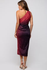 Burgundy One Shoulder Side Cutout Ruched Midi Dress