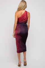 Burgundy One Shoulder Side Cutout Ruched Maternity Midi Dress