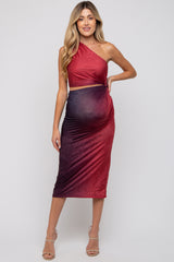 Burgundy One Shoulder Side Cutout Ruched Maternity Midi Dress