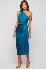 Teal One Shoulder Side Cutout Ruched Maternity Midi Dress