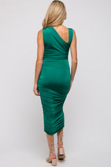 Green Asymmetrical Ruched Maternity Midi Dress