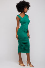 Green Asymmetrical Ruched Midi Dress