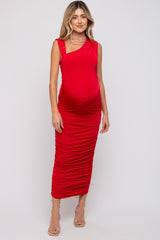 Red Asymmetrical Ruched Maternity Midi Dress