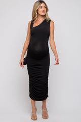 Black Asymmetrical Ruched Maternity Midi Dress