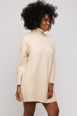 Beige Turtleneck Sweater Mini Dress