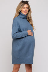 Blue Turtleneck Maternity Sweater Mini Dress