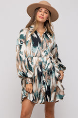 Forest Green Print Button Down Puff Sleeve Maternity Dress