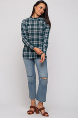 Green Plaid Mock Neck Brushed Long Sleeve Top