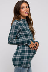 Green Plaid Mock Neck Brushed Long Sleeve Maternity Top