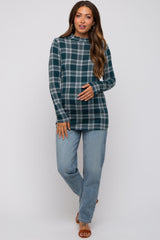 Green Plaid Mock Neck Brushed Long Sleeve Maternity Top