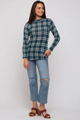 Green Plaid Mock Neck Brushed Long Sleeve Maternity Top