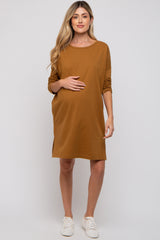 Brown Long Sleeve Maternity Shirt Dress