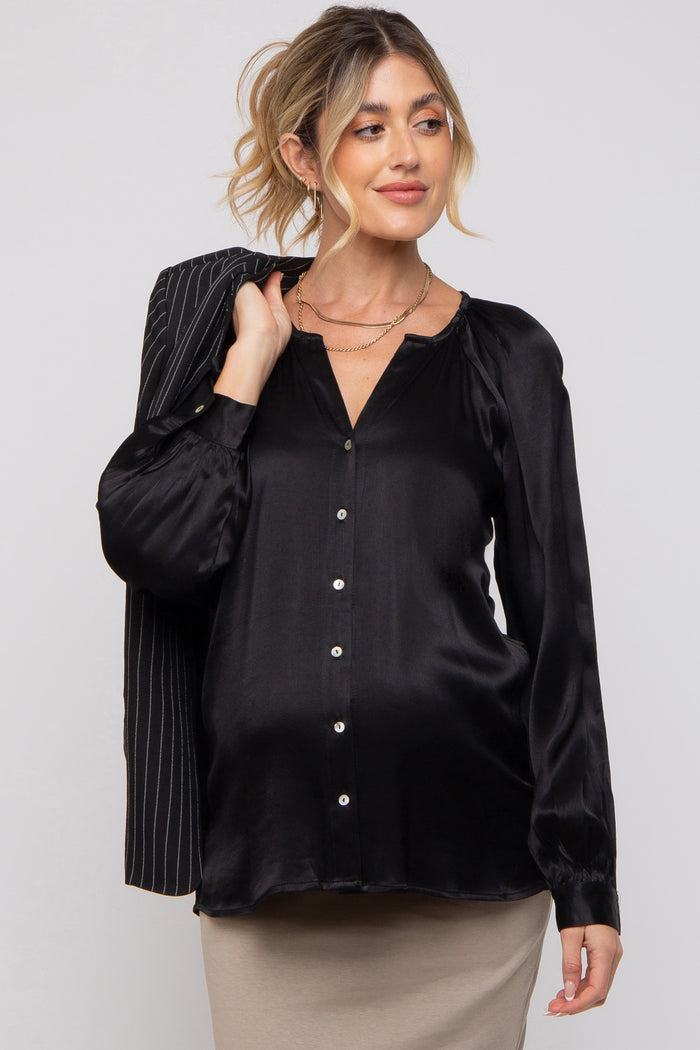 Black Button-Down Long Sleeve Maternity Blouse