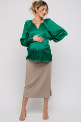 Green Button-Down Long Sleeve Maternity Blouse