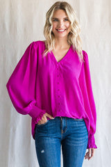 Magenta Button Front Long Smocked Sleeve Maternity Blouse