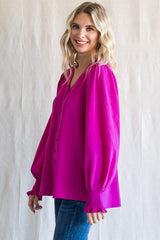 Magenta Button Front Long Smocked Sleeve Blouse