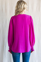 Magenta Button Front Long Smocked Sleeve Blouse