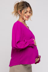 Magenta Button Front Long Smocked Sleeve Maternity Blouse