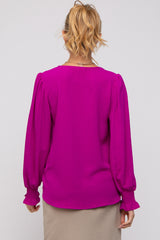 Magenta Button Front Long Smocked Sleeve Maternity Blouse