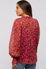 Magenta Floral Balloon Sleeve Maternity Blouse