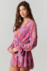 Fuchsia Multi Floral Chiffon Surplice Romper