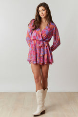 Fuchsia Multi Floral Chiffon Surplice Romper